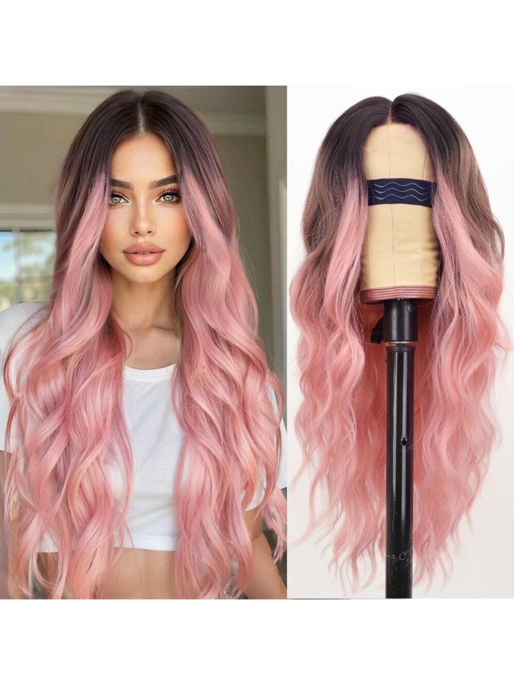 Women's Omber Pink Lace Hairline 26 Inch Synthetic Heat Resistant Wavy Wigs